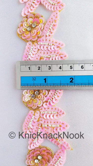 Pink And Gold Sequins Trim With Diamante Beads, Floral Trims, Trimming